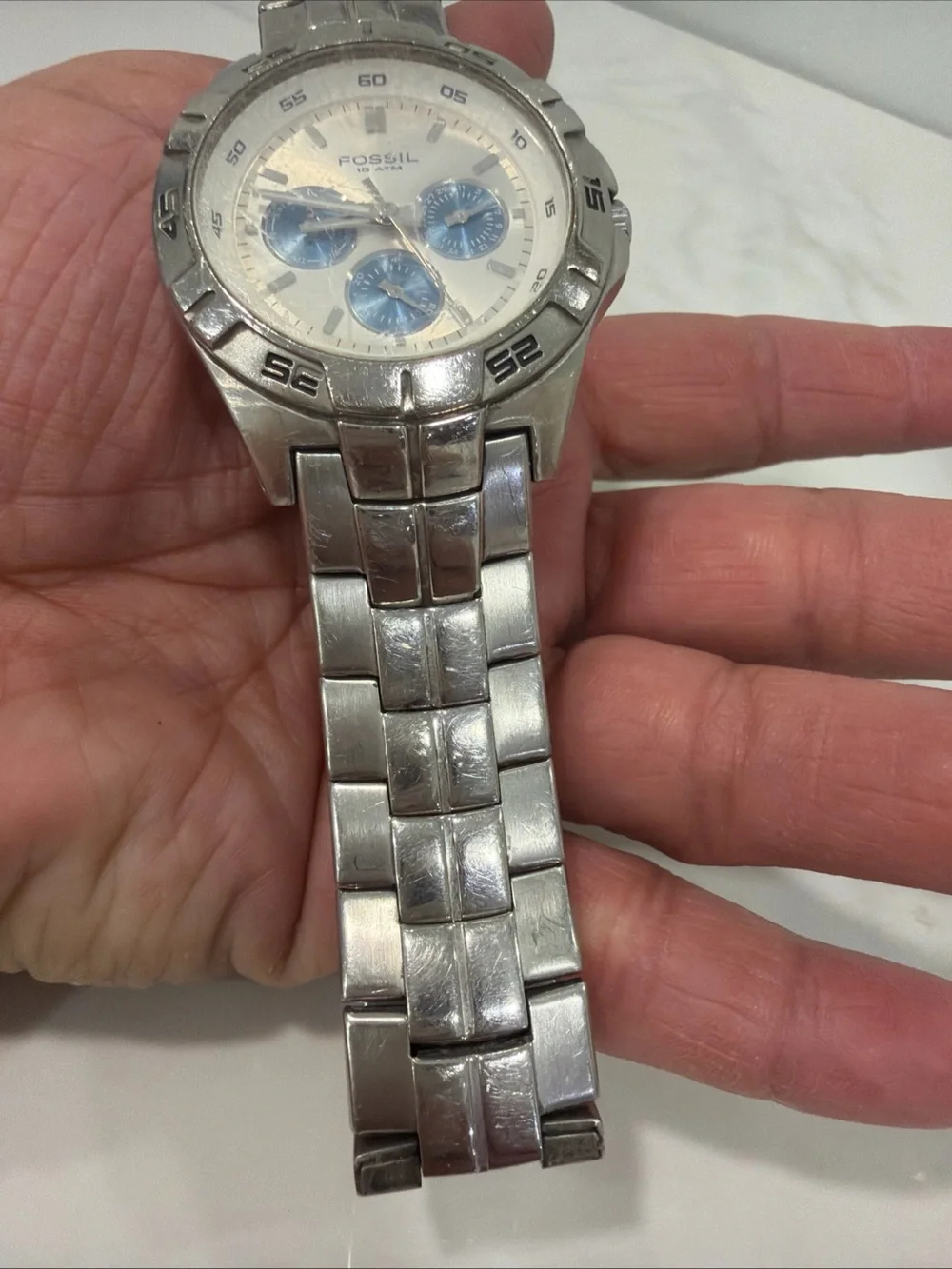 Fossil Men's Silver Stainless Steel Chronograph Watch with Blue Subdials
